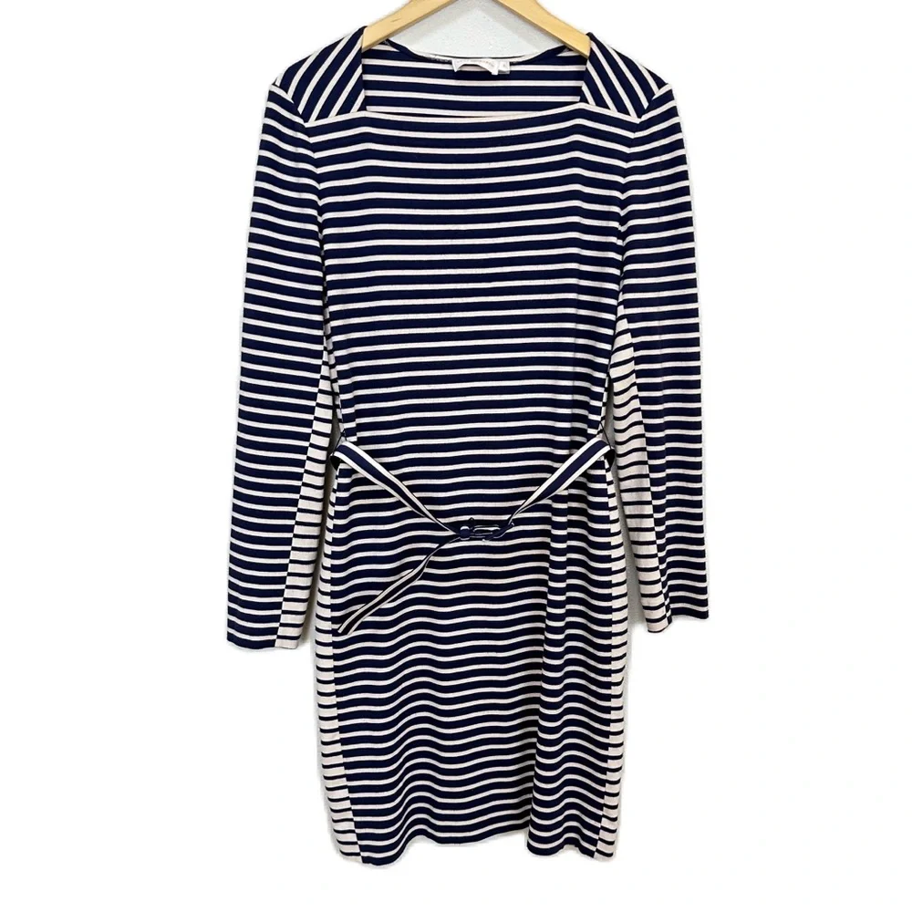 Tory Burch Callan Belted Striped Long Sleeve Dress Blue Beige Stretch Women’s XL